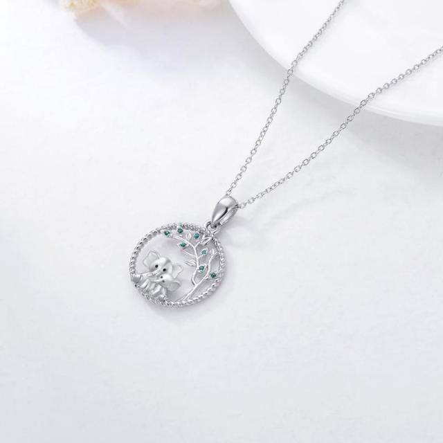 Sterling Silver Circular Shaped Cubic Zirconia Elephant & Tree Of Life Pendant Necklace-4