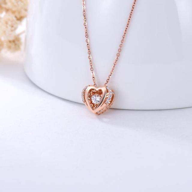 18K Rose Gold Circular Shaped Cubic Zirconia Heart With Heart Pendant Necklace-2