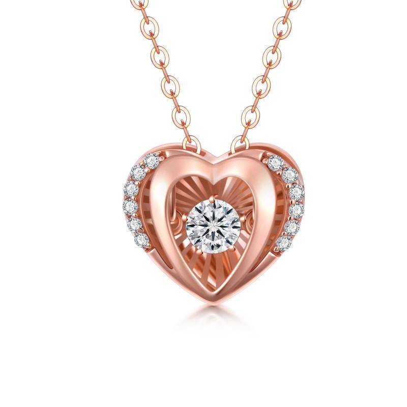 18K Rose Gold Circular Shaped Cubic Zirconia Heart With Heart Pendant Necklace-1