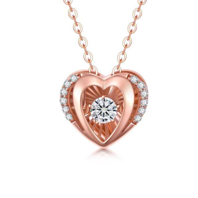 18K Rose Gold Circular Shaped Cubic Zirconia Heart With Heart Pendant Necklace-0