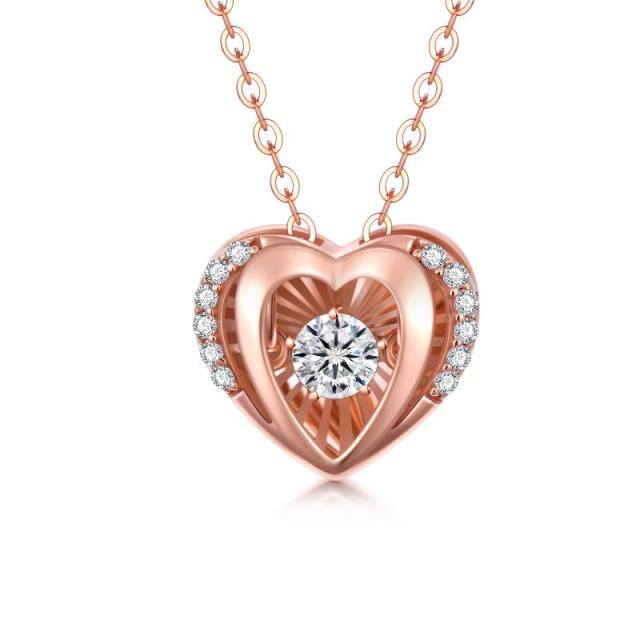 18K Rose Gold Circular Shaped Cubic Zirconia Heart With Heart Pendant Necklace-5