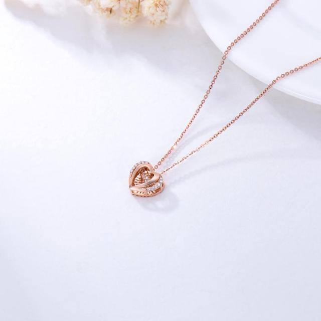 18K Rose Gold Circular Shaped Cubic Zirconia Heart With Heart Pendant Necklace-3
