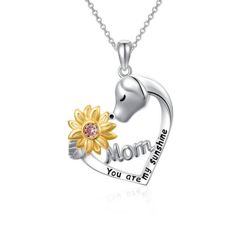 Sterling Silver Two-tone Round Cubic Zirconia Dog & Sunflower & Heart Pendant Necklace with Engraved Word-1