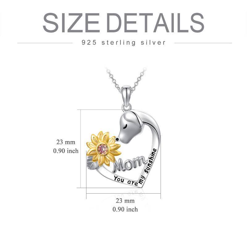 Sterling Silver Two-tone Round Cubic Zirconia Dog & Sunflower & Heart Pendant Necklace with Engraved Word-6