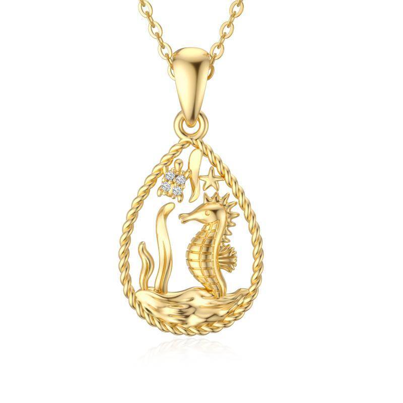 14K Gold Cubic Zirconia Sea Turtle & Seahorse & Starfish Pendant Necklace-1