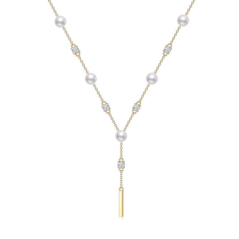 9K Gold kreisförmig kubischer Zirkon & Perle nicht verstellbare Y-Halskette-1