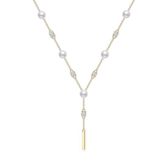 9K Gold kreisförmig kubischer Zirkon & Perle nicht verstellbare Y-Halskette