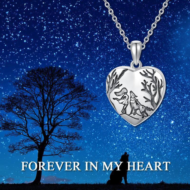 Sterling Silver Wolf Heart Personalized Photo Locket Necklace with Engraved Word-6