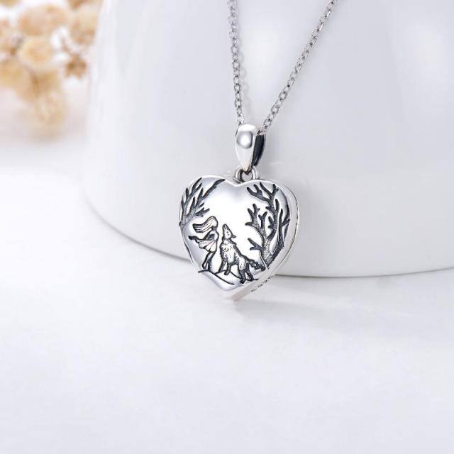 Sterling Silver Wolf Heart Personalized Photo Locket Necklace with Engraved Word-2