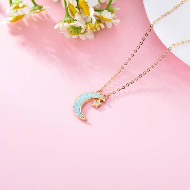 14K Gold Cubic Zirconia & Opal Moon & Star Pendant Necklace-3