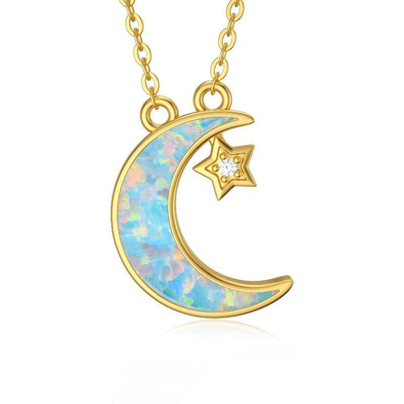 Collier pendentif lune et étoile en or 14K avec zircon cubique et opale-1