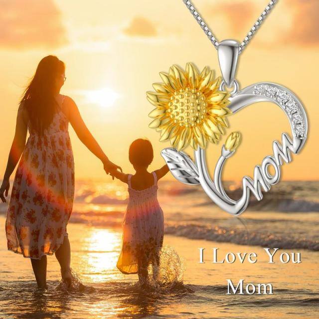 Sterling Silver Two-tone Cubic Zirconia Sunflower with Mom Heart Pendant Necklace-4
