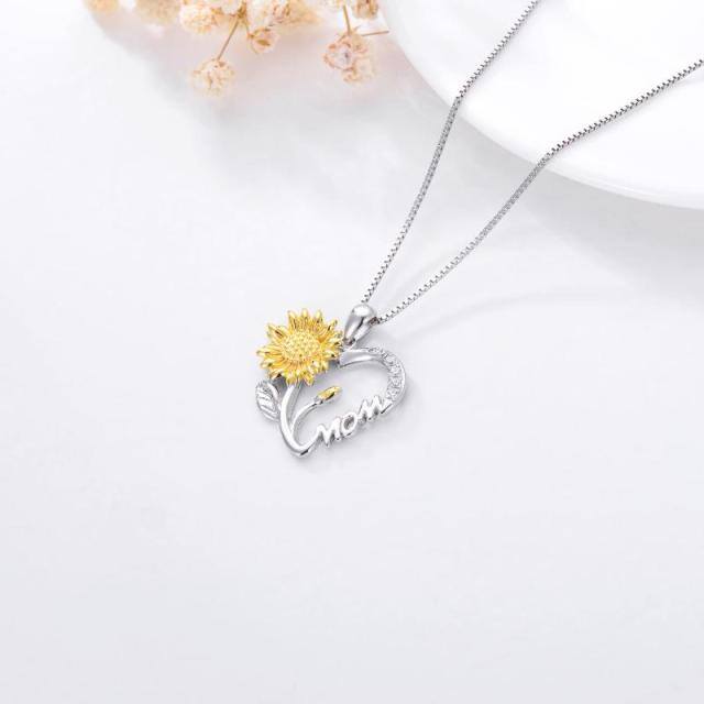 Sterling Silber zweifarbig kubischer Zirkonia Sonnenblume mit Mama Herz-Anhänger Halskette-3