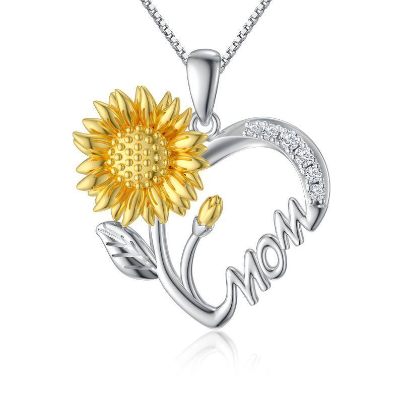 Sterling Silver Two-tone Cubic Zirconia Sunflower with Mom Heart Pendant Necklace-1