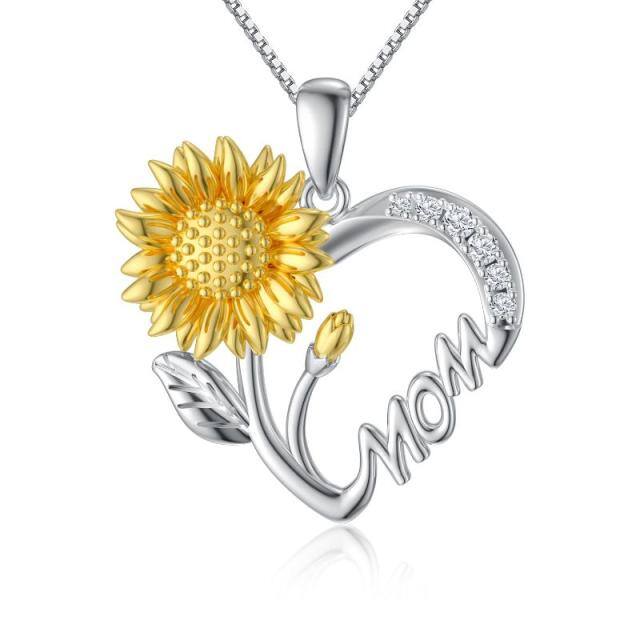 Sterling Silver Two-tone Cubic Zirconia Sunflower with Mom Heart Pendant Necklace-0