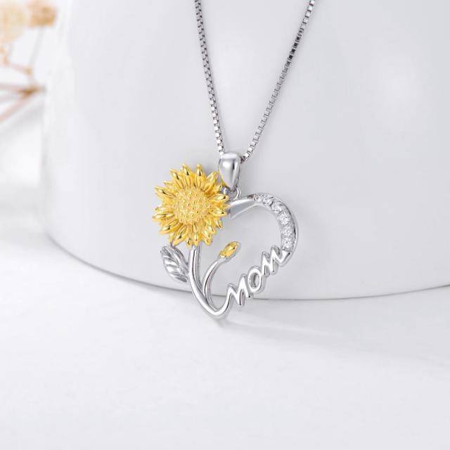 Sterling Silver Two-tone Cubic Zirconia Sunflower with Mom Heart Pendant Necklace-2