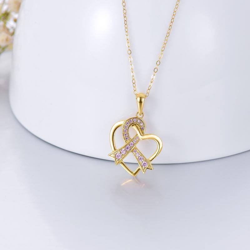 14K Gold Cubic Zirconia Heart & Ribbon Pendant Necklace-3