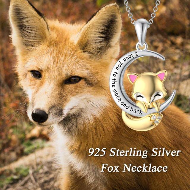 Sterling Silver Two-tone Cubic Zirconia Fox & Moon Pendant Necklace with Engraved Word-5