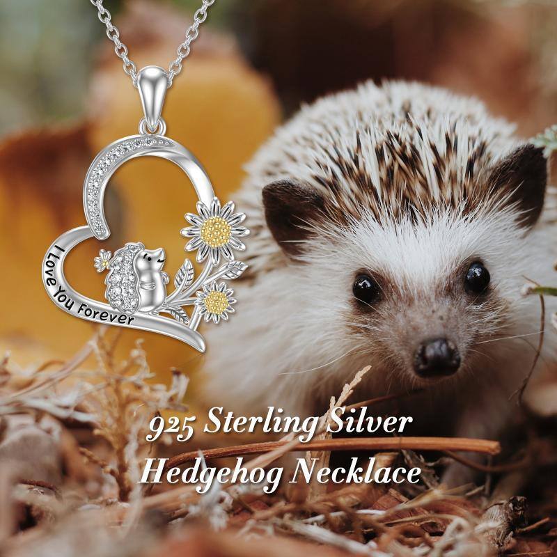 Sterling Silver Two-tone Hedgehog & Sunflower Heart Pendant Necklace with Engraved Word-6