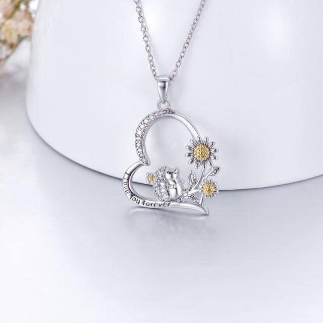 Sterling Silver Two-tone Hedgehog & Sunflower Heart Pendant Necklace with Engraved Word-3