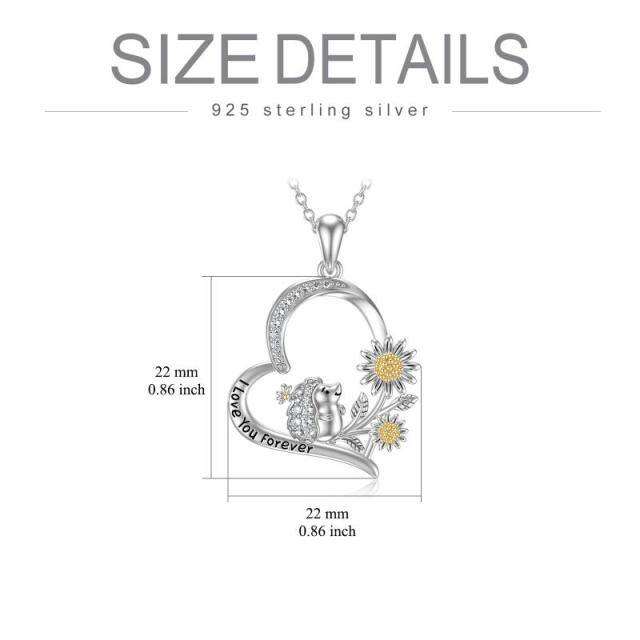 Sterling Silver Two-tone Hedgehog & Sunflower Heart Pendant Necklace with Engraved Word-4