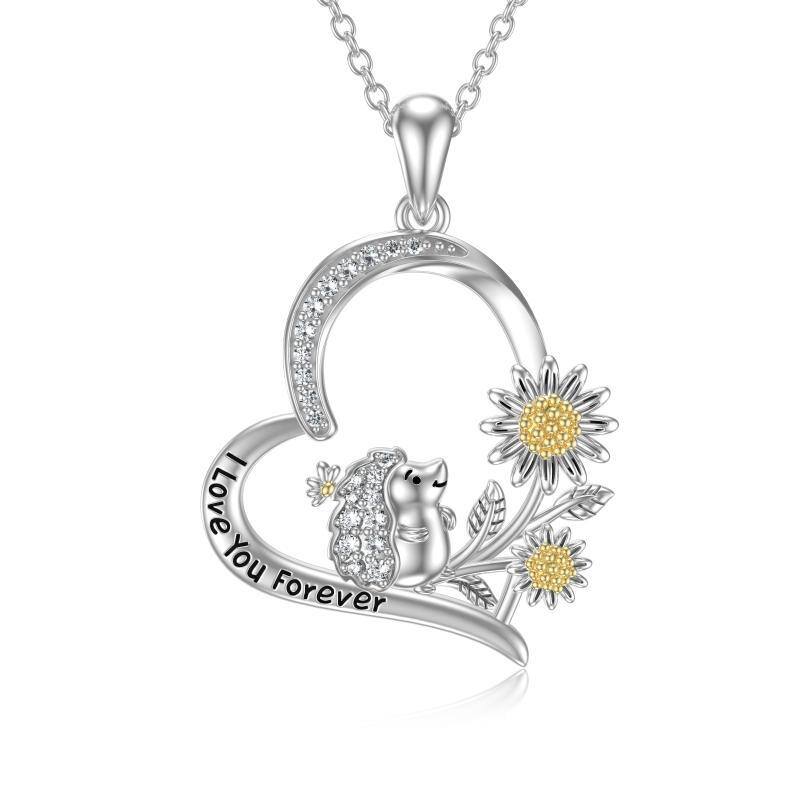 Sterling Silver Two-tone Hedgehog & Sunflower Heart Pendant Necklace with Engraved Word-1