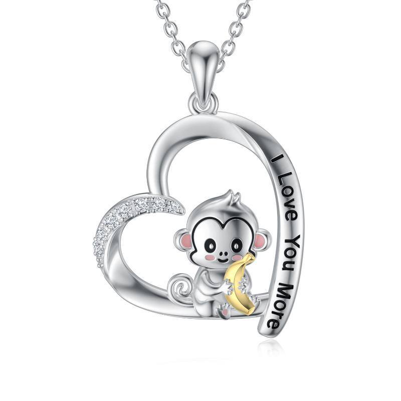 Sterling Silver Two-tone Round Cubic Zirconia Monkey & Heart Pendant Necklace with Engraved Word-1