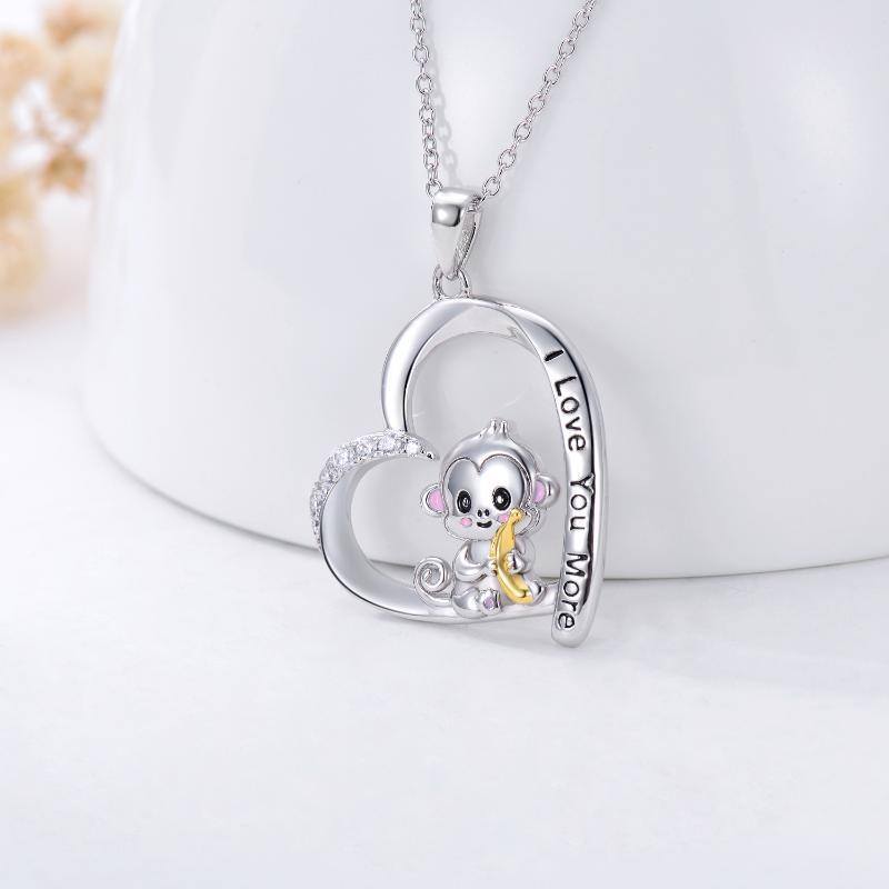 Sterling Silver Two-tone Round Cubic Zirconia Monkey & Heart Pendant Necklace with Engraved Word-4