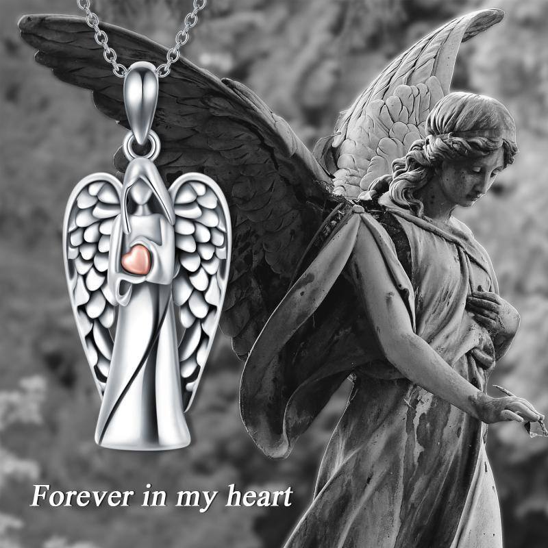 Collar de plata de ley de dos tonos con alas de ángel y urna de corazón-6