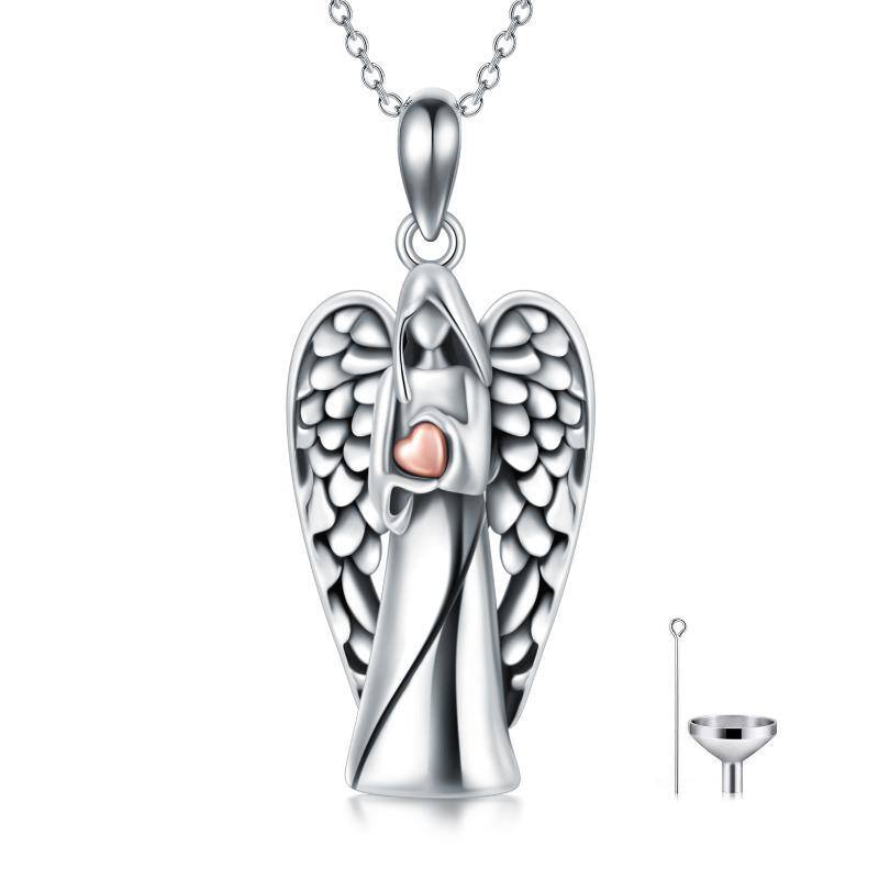Collar de plata de ley de dos tonos con alas de ángel y urna de corazón-1