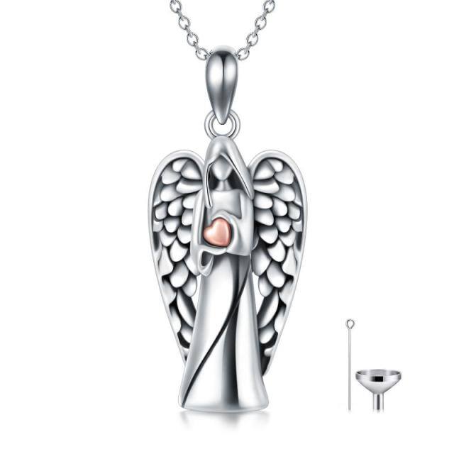 Collar de plata de ley de dos tonos con alas de ángel y urna de corazón-0
