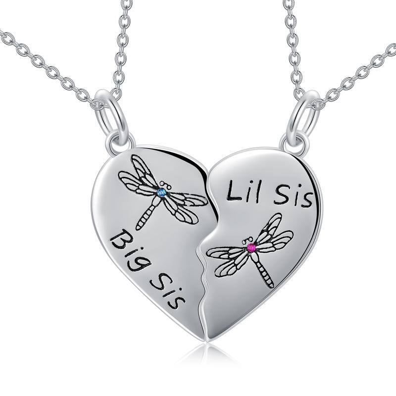 Sterling Silver Personalized Birthstone Dragonfly & Heart Sisters Pendant Necklace-1