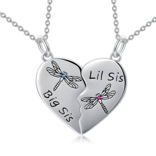 Plata de Ley Personalizada Birthstone Libélula y Corazón Hermanas Collar Colgante