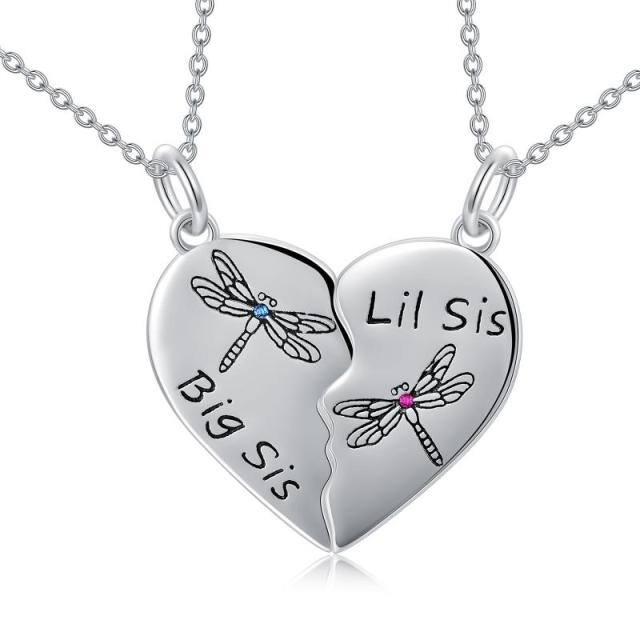 Sterling Silver Personalized Birthstone Dragonfly & Heart Sisters Pendant Necklace-0