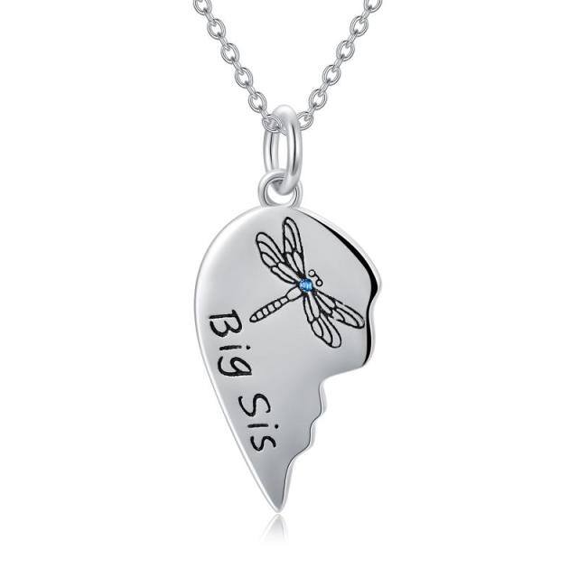 Sterling Silver Personalized Birthstone Dragonfly & Heart Sisters Pendant Necklace-3