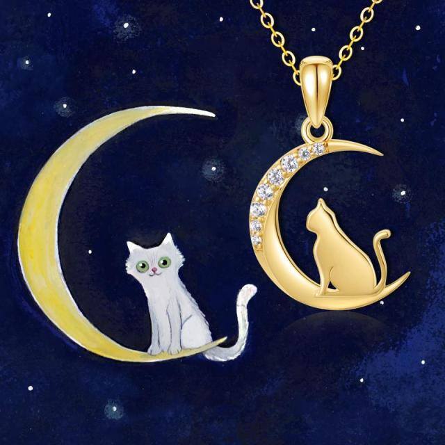 14K Gold Cubic Zirconia Cat & Moon Pendant Necklace with Solid Gold Chain-4