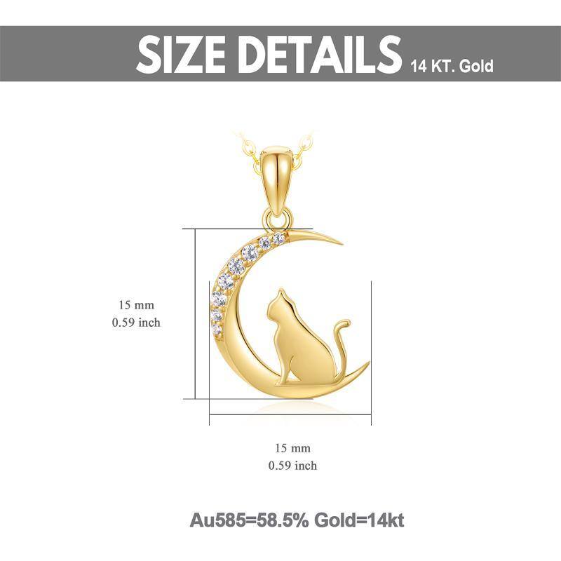 14K Gold Cubic Zirkonia Katze & Mond Anhänger Halskette mit massivem Gold Kette-6