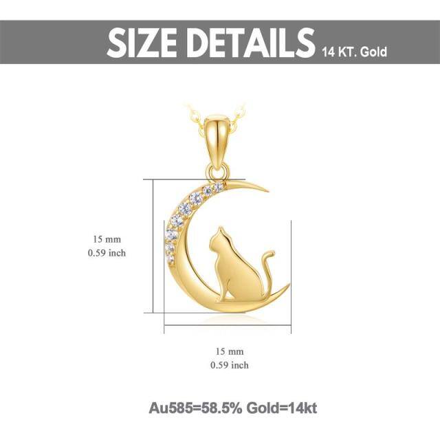 14K Gold Cubic Zirkonia Katze & Mond Anhänger Halskette mit massivem Gold Kette-5
