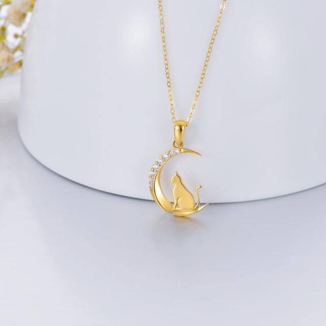 14K Gold Cubic Zirconia Cat & Moon Pendant Necklace with Solid Gold Chain-2