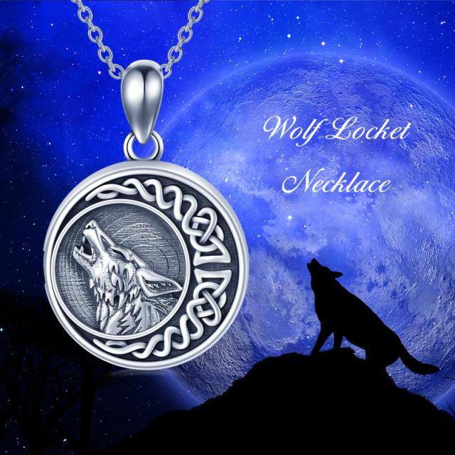 Sterling Silver Wolf & Celtic Knot Moon Personalized Photo Locket Necklace-5