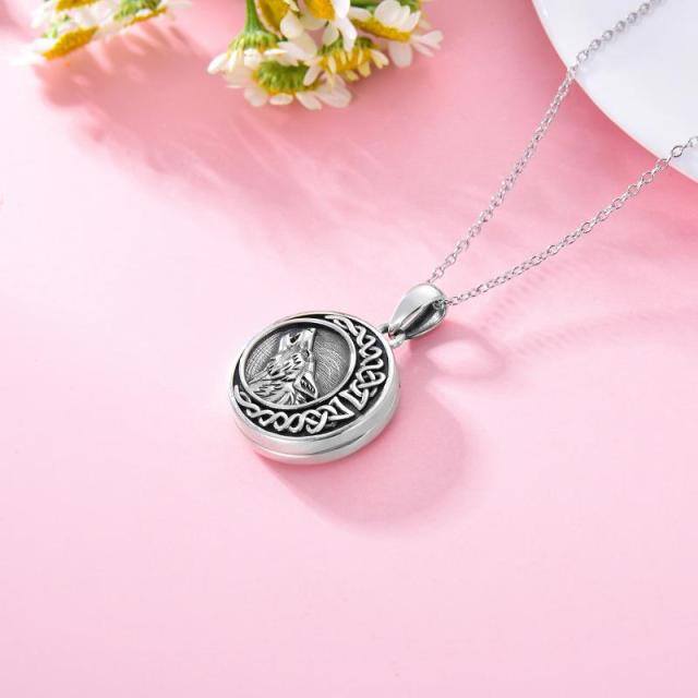 Sterling Silver Wolf & Celtic Knot Moon Personalized Photo Locket Necklace-4