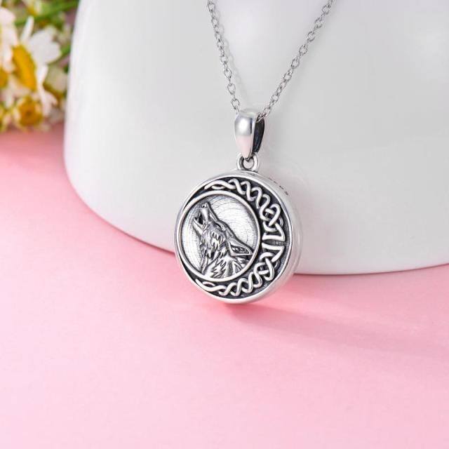 Sterling Silver Wolf & Celtic Knot Moon Personalized Photo Locket Necklace-2