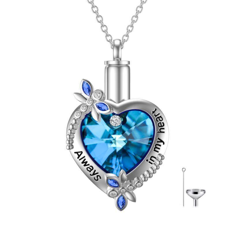 Sterling Silver Heart Shaped Crystal Dragonfly & Heart Urn Necklace for Ashes with Engraved Word-1