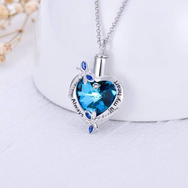 Sterling Silver Heart Shaped Crystal Dragonfly & Heart Urn Necklace for Ashes with Engraved Word-2