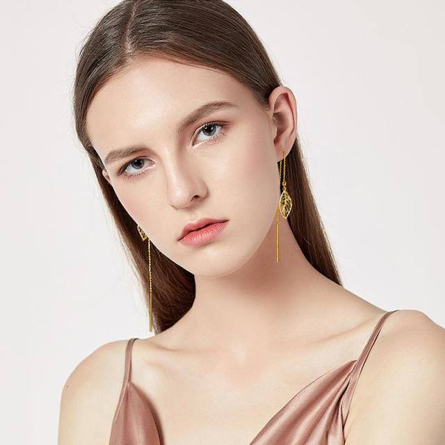 Boucles d'oreilles à enfiler en feuille d'or jaune 18 carats Boucles d'oreilles pendantes Bijoux fins pour femmes filles-2