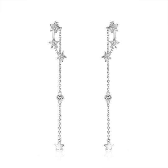 Sterling Silver Five-Pointed Star Shaped Cubic Zirconia Star Drop Earrings