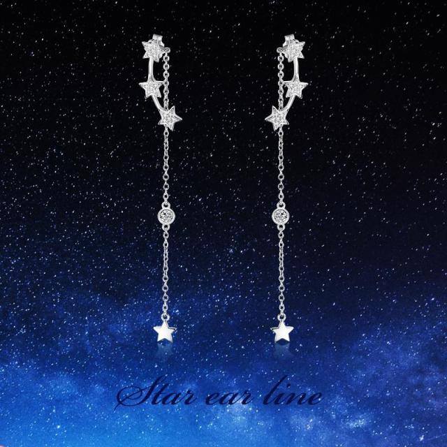 Sterling Silver Five-Pointed Star Shaped Cubic Zirconia Star Drop Earrings-4