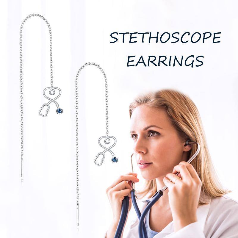 Sterling Silver Circular Shaped Crystal Heart & Stethoscope Drop Earrings-6