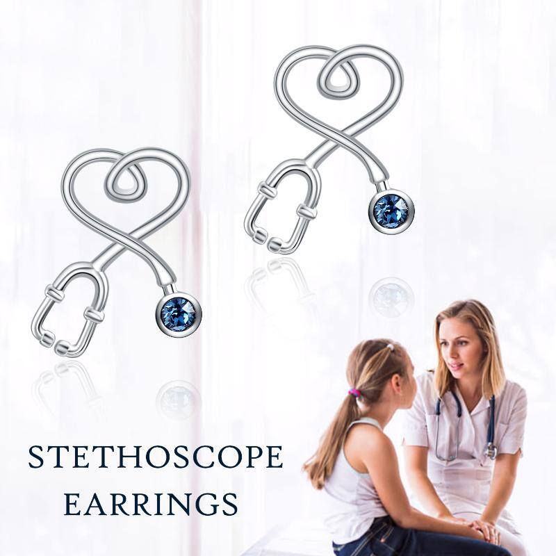 Sterling Silver Circular Shaped Crystal Stethoscope Stud Earrings-6