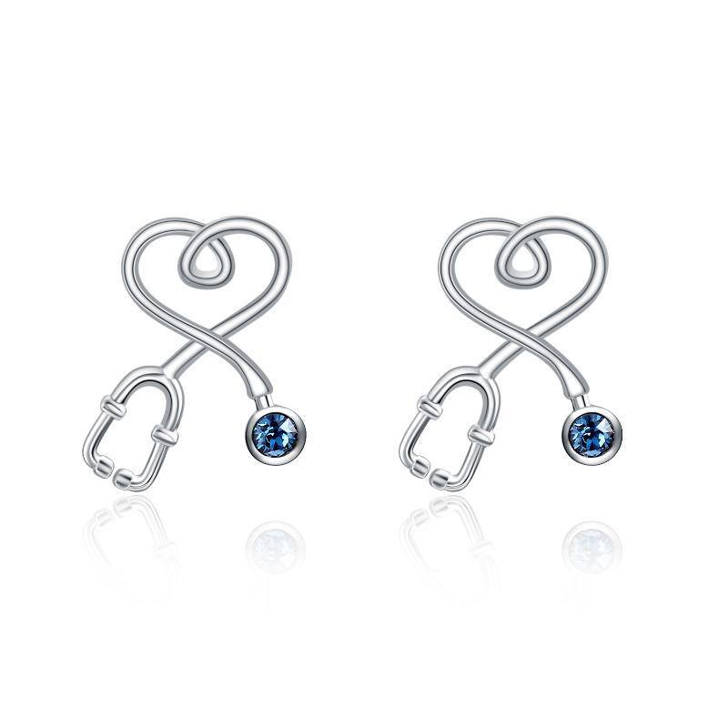 Sterling Silver Circular Shaped Crystal Stethoscope Stud Earrings-1